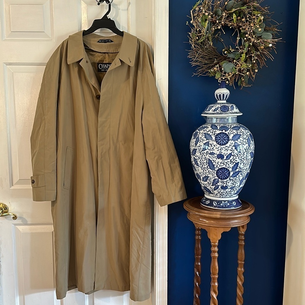 Men’s Vintage Chaps Tan Colored Button Up Overcoat Trench Coat Size 46 Regular